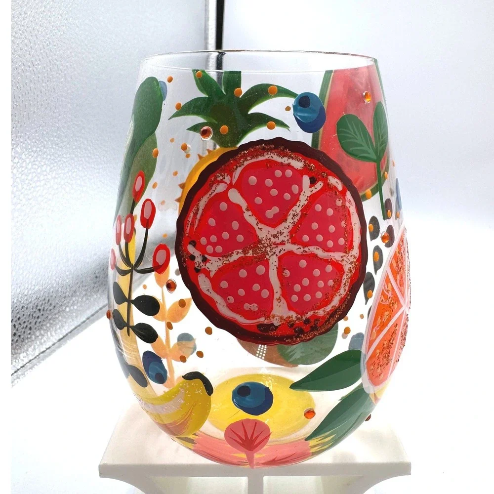 Lolita Tropical Fruit Stemless Wine Glass Hand Painted Glitter Jeweled 4.5in